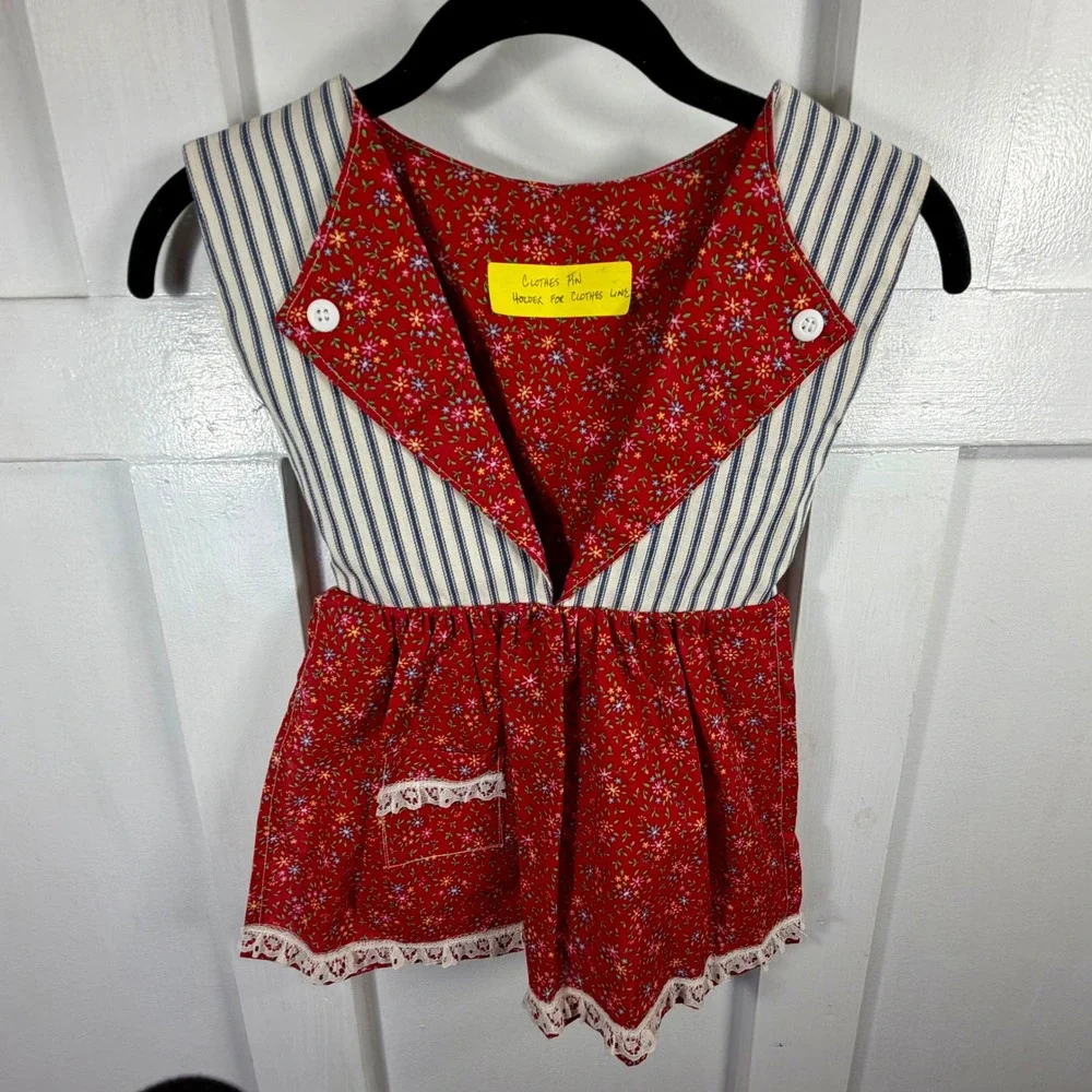 Handmade Vintage Style Clothespin Holder Apron Red Floral Ticking Stripe Lace